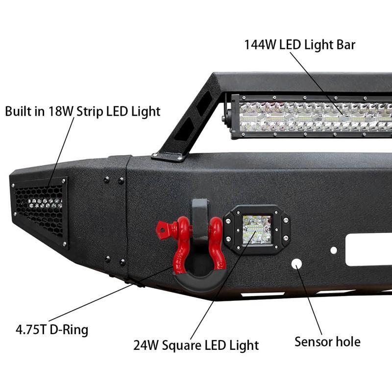 Heavy-duty Steel Front Bumper for 2017-2022 Ford F250/F350/F450/F550 with Winch Plate & LED Lights & D-Rings & Sensor Holes