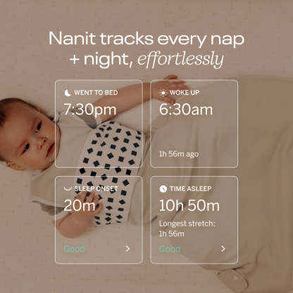 nanit tracks every nap + night, effortlessly. showing dashboard screenshots from nanit app