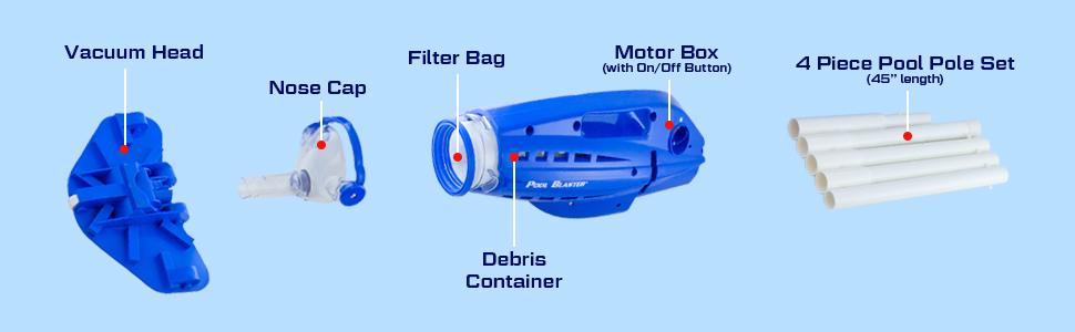 Pool Blaster Millennium parts: vacuum head, filter bag, motor box, pool pole set