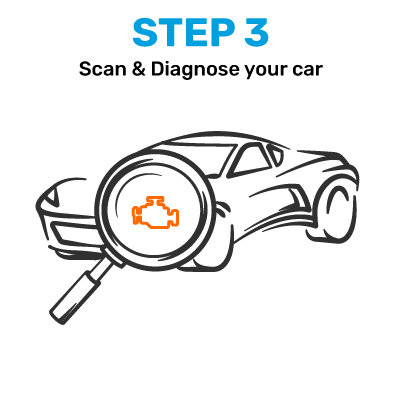 Line drawing of a car with a magnifying glass showing a check engine icon.