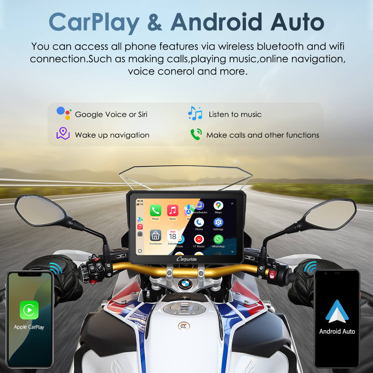 Carpuride-W702BS apple carplay and android auto on BMW motorrad