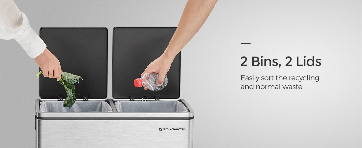 SONGMICS 2 x 8 Gal Garbage Can for Kitchen with 15 Trash Bags