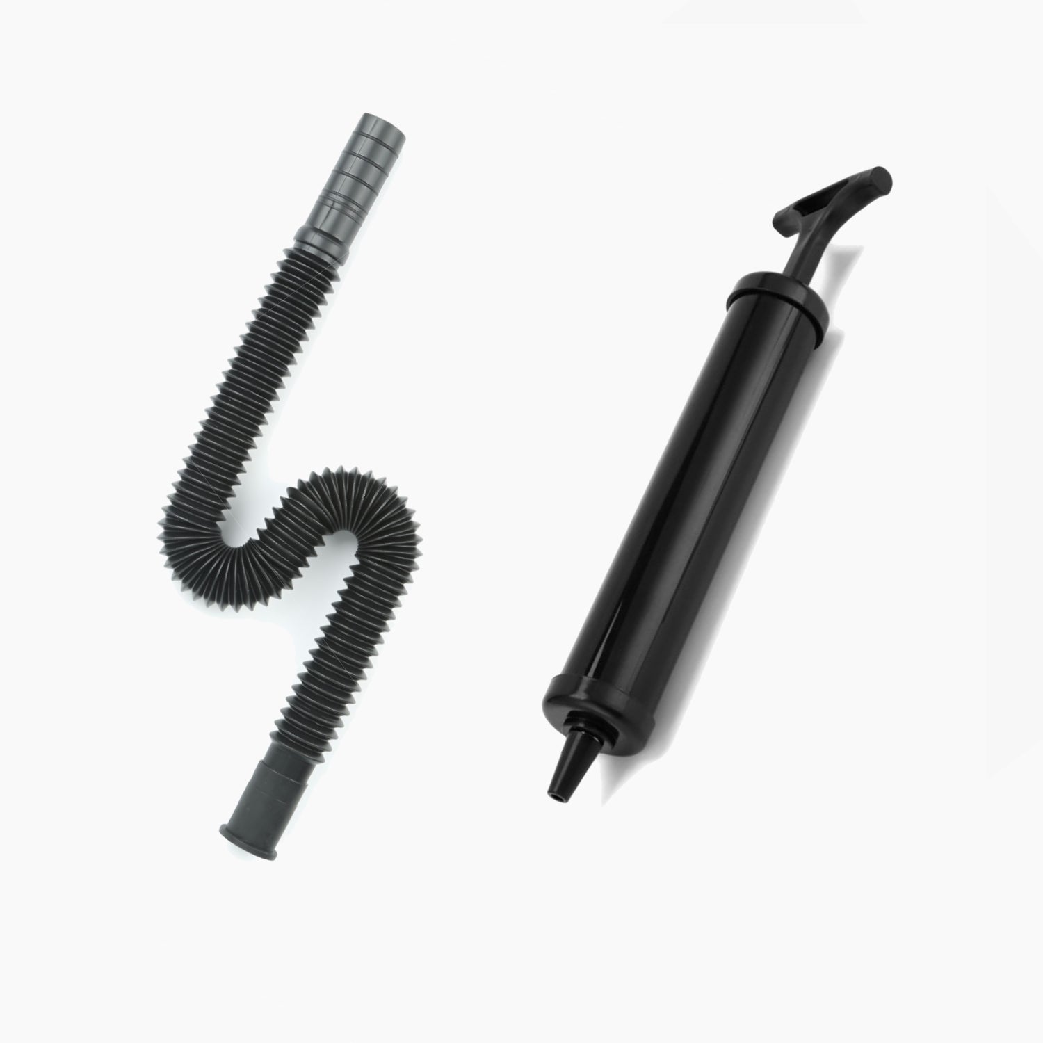a black tube and a black pump