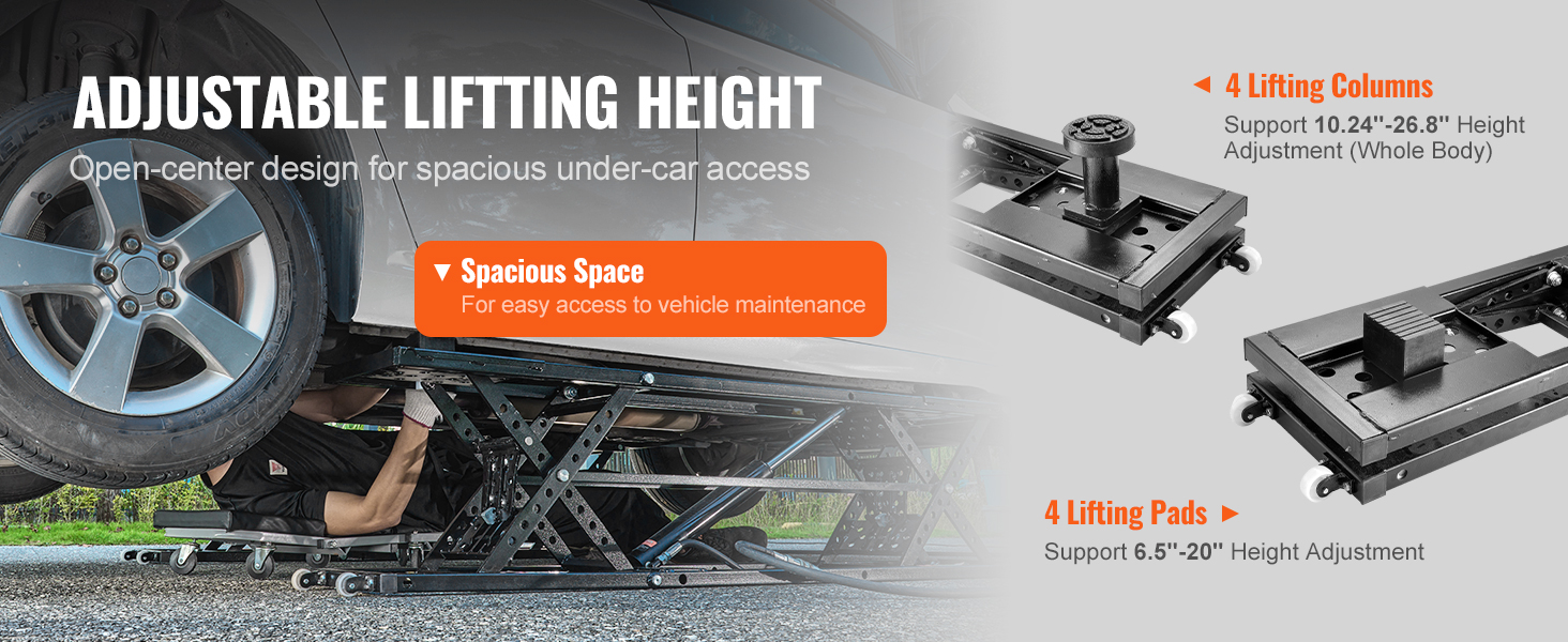 adjustable lifting height, open-center VEVOR portable car lift for under-car access, with 4 lifting columns and pads.
