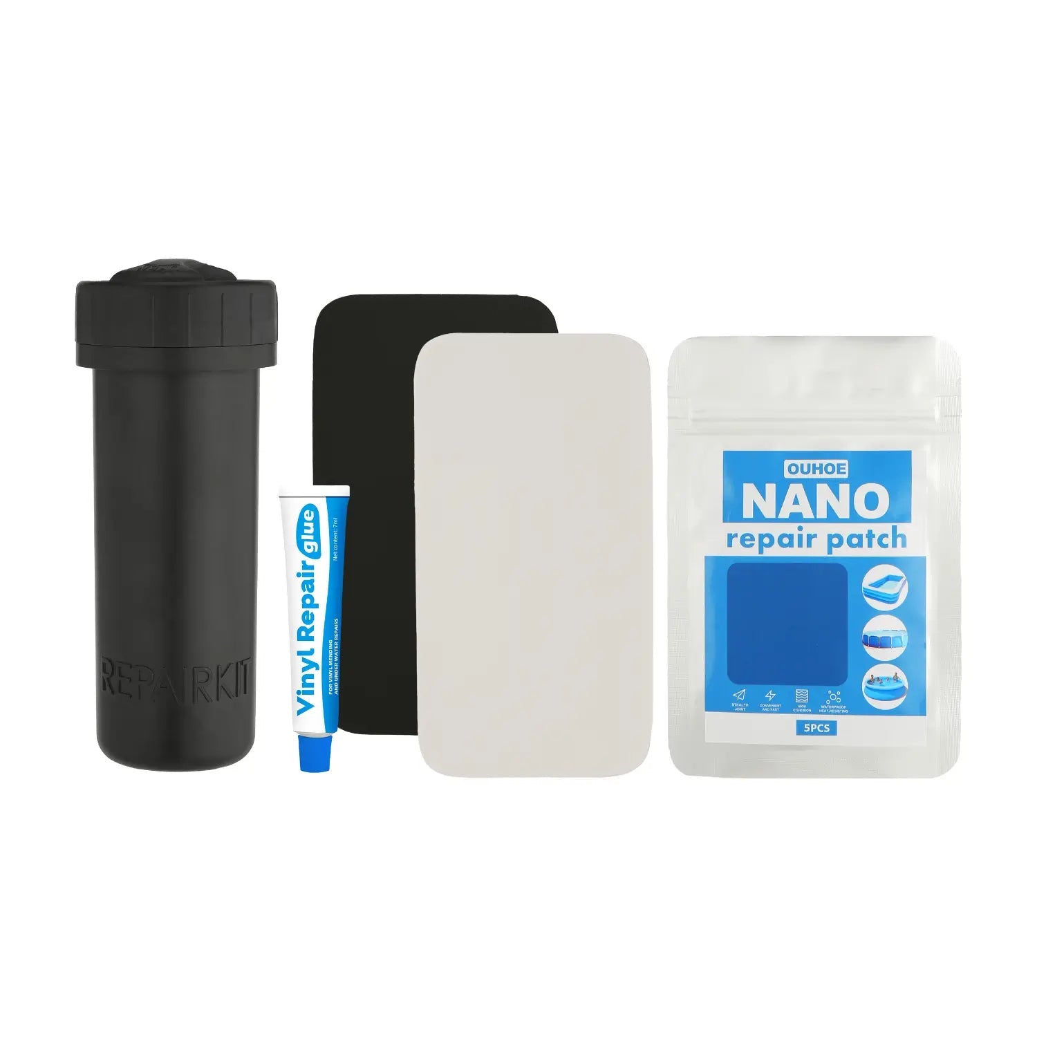 a black tube with a black tube and a white patch with a blue and white label