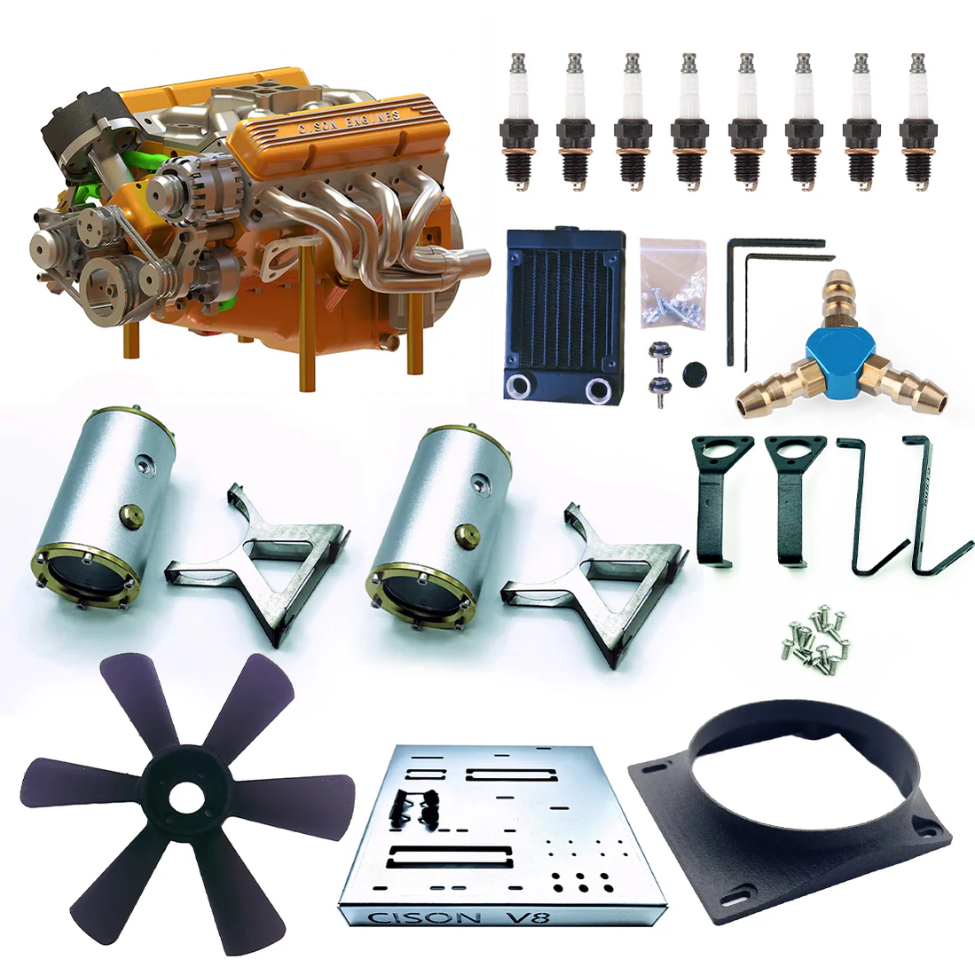 👍CISON Gasoline OHV V8 Small-block Engine Model Kits 4-Stroke 44cc Water-Cooled 1/6
