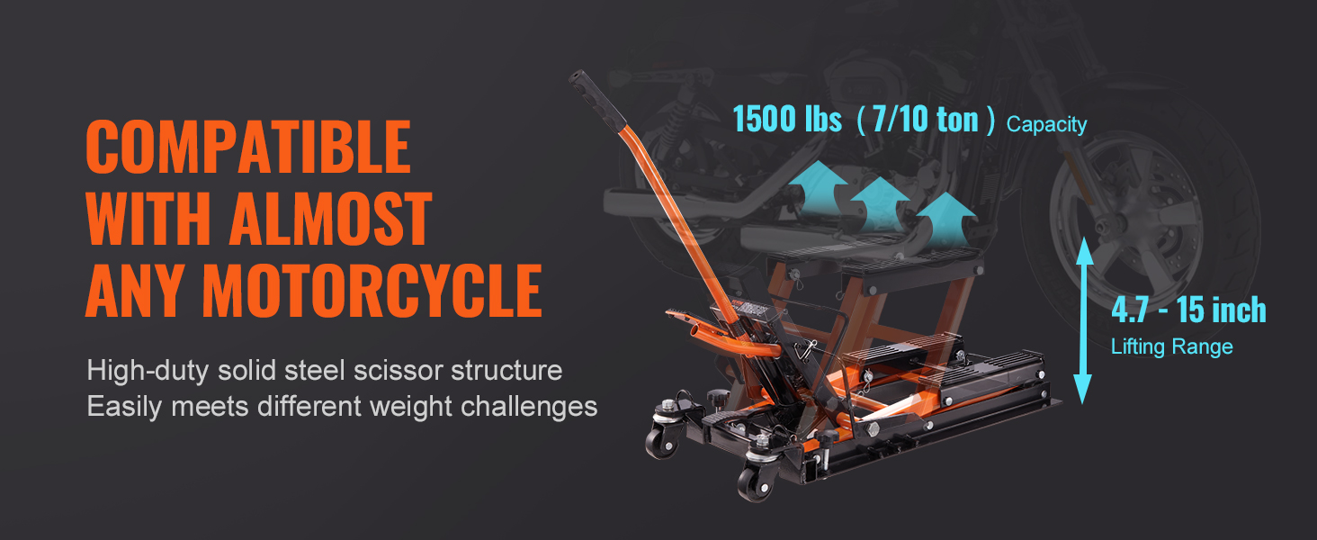 compatible with almost any motorcycle, the VEVOR motorcycle jack stand has a 1500 lbs capacity and 4.7-15 inch lifting range.