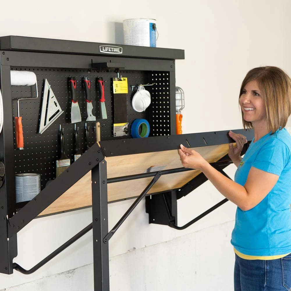 🔧Lifetime 47 In. Workbench Folding Table Wood Surface Wall Mounted with Peg Board