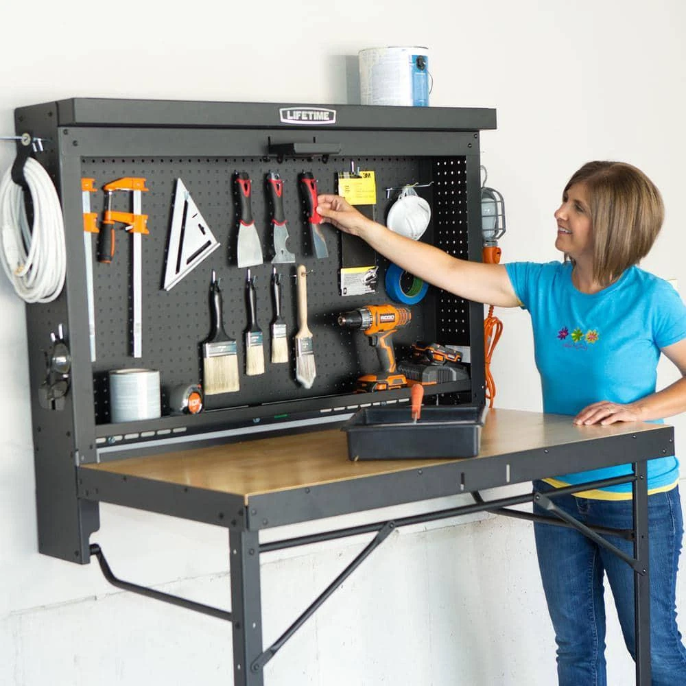🔧Lifetime 47 In. Workbench Folding Table Wood Surface Wall Mounted with Peg Board