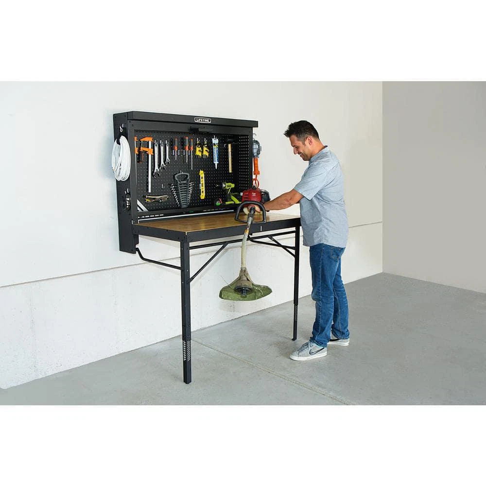 🔧Lifetime 47 In. Workbench Folding Table Wood Surface Wall Mounted with Peg Board