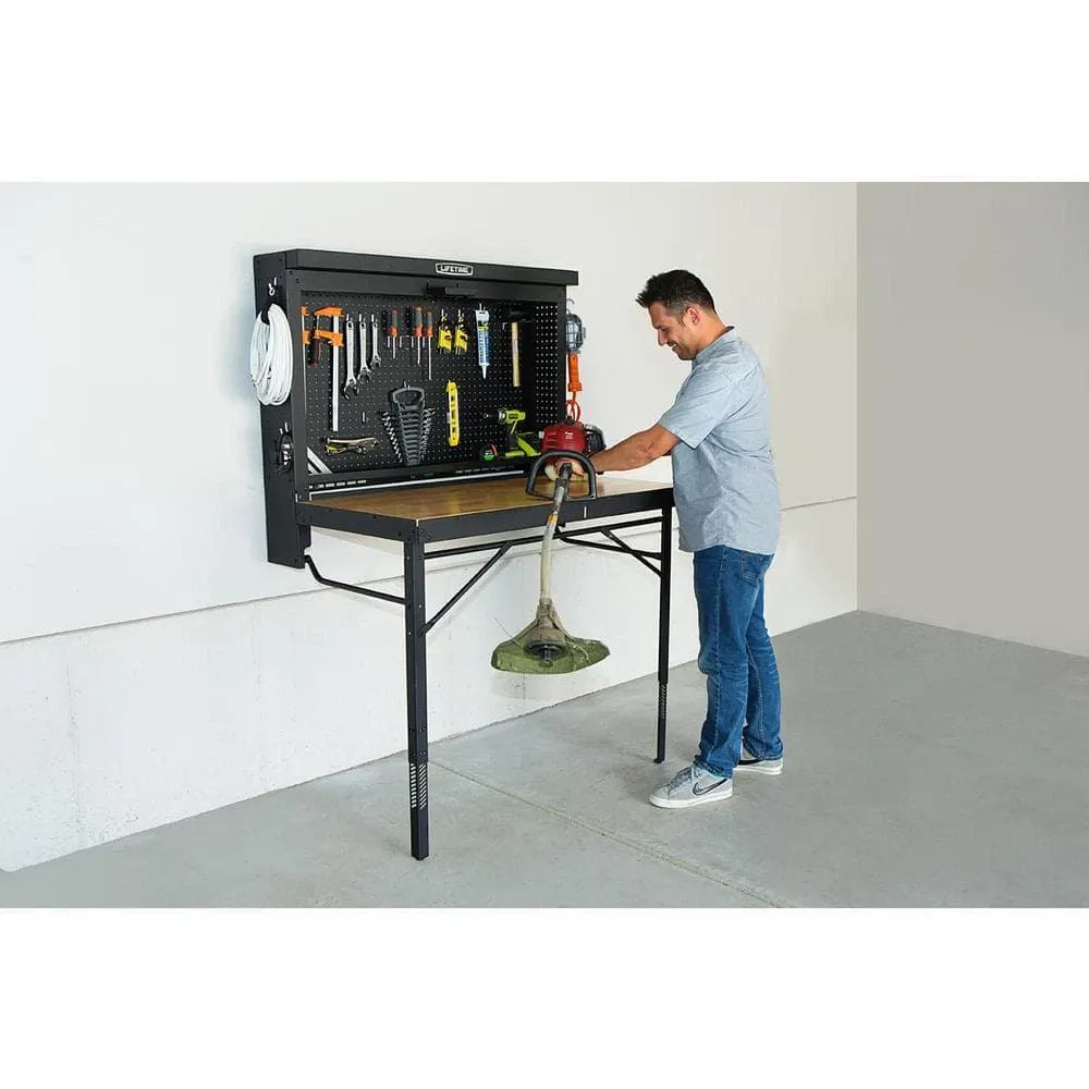🔧Lifetime 47 In. Workbench Folding Table Wood Surface Wall Mounted with Peg Board