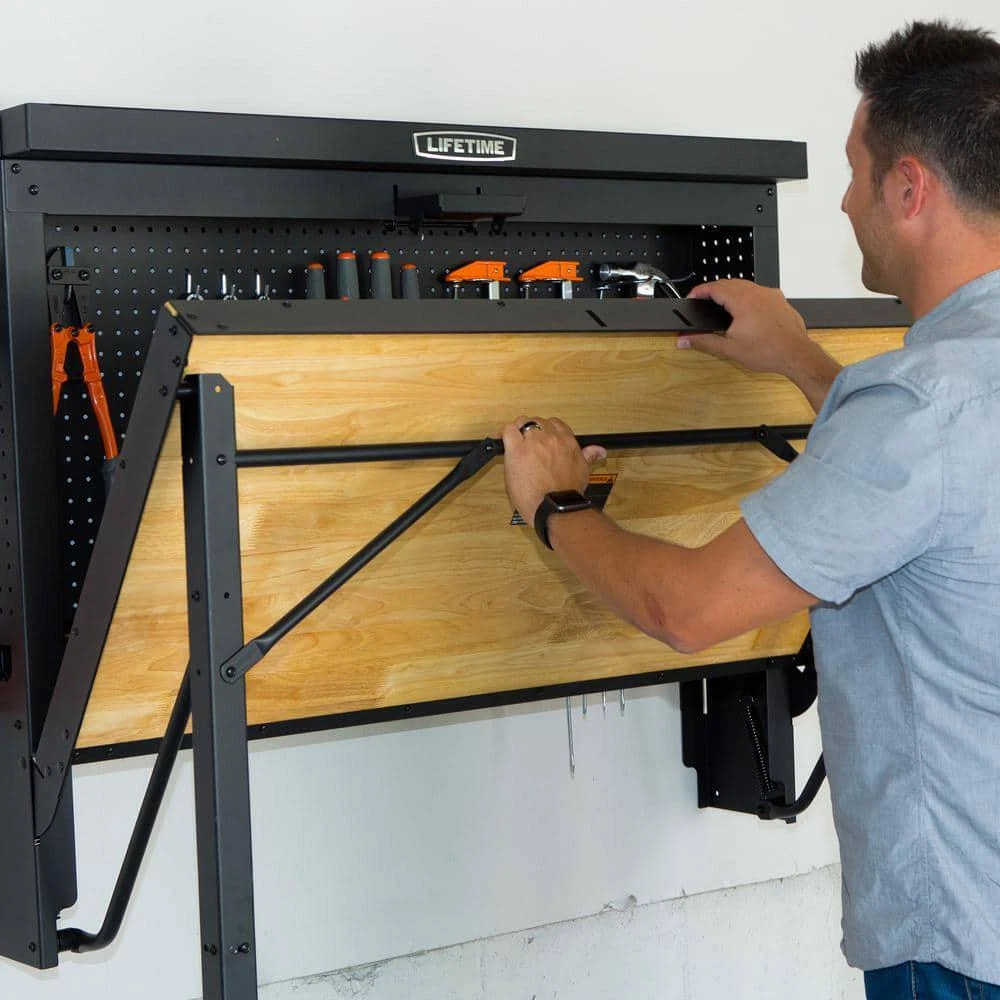 🔧Lifetime 47 In. Workbench Folding Table Wood Surface Wall Mounted with Peg Board
