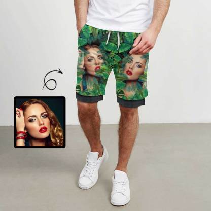Custom Face Green Plants Men's 2 in 1 Running Short