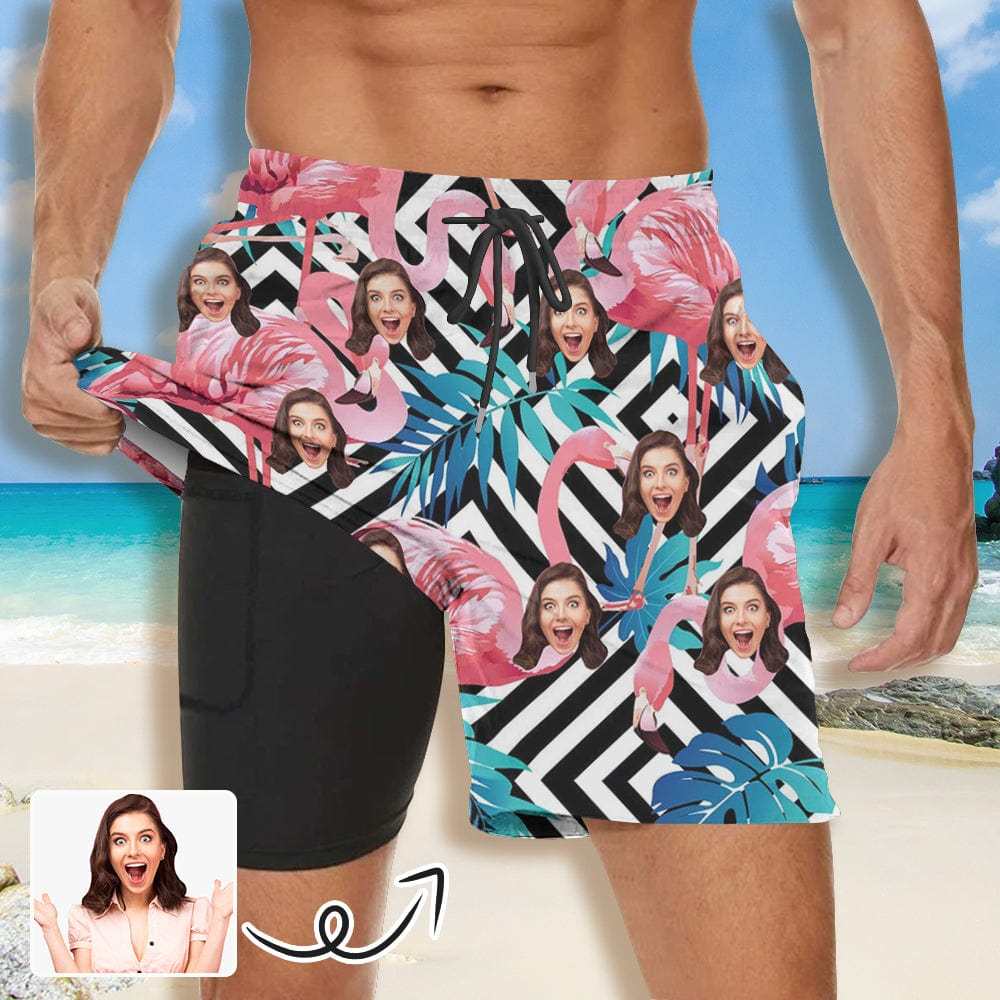Custom Face Pink Flamingo Men's Quick Dry 2 in 1 Surfing Beach Shorts