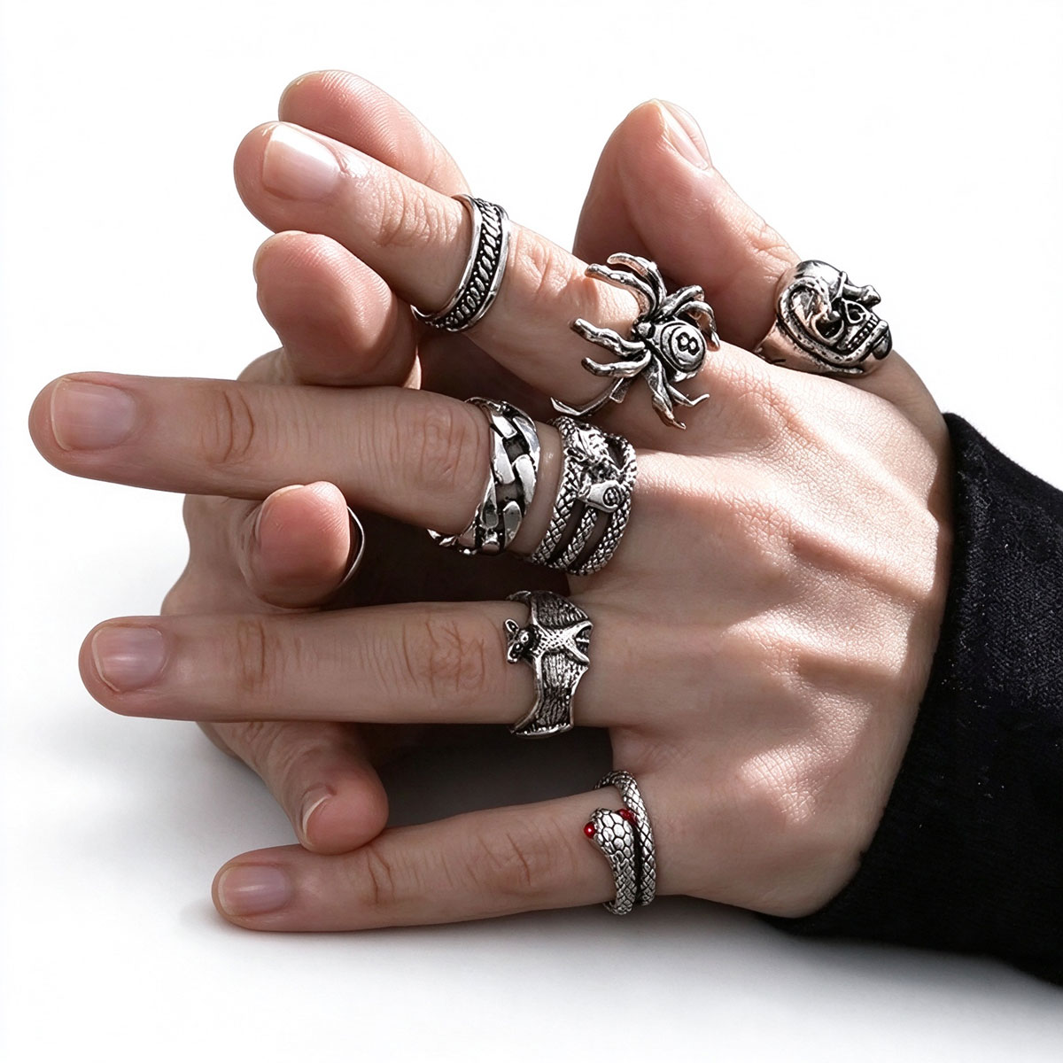 7pcs Set Punk Hip Hop Stainless Steel Men Ring Vintage Spider Bat Skull Two-headed Snake Opening Rings Jewelry Gothic Accesorios