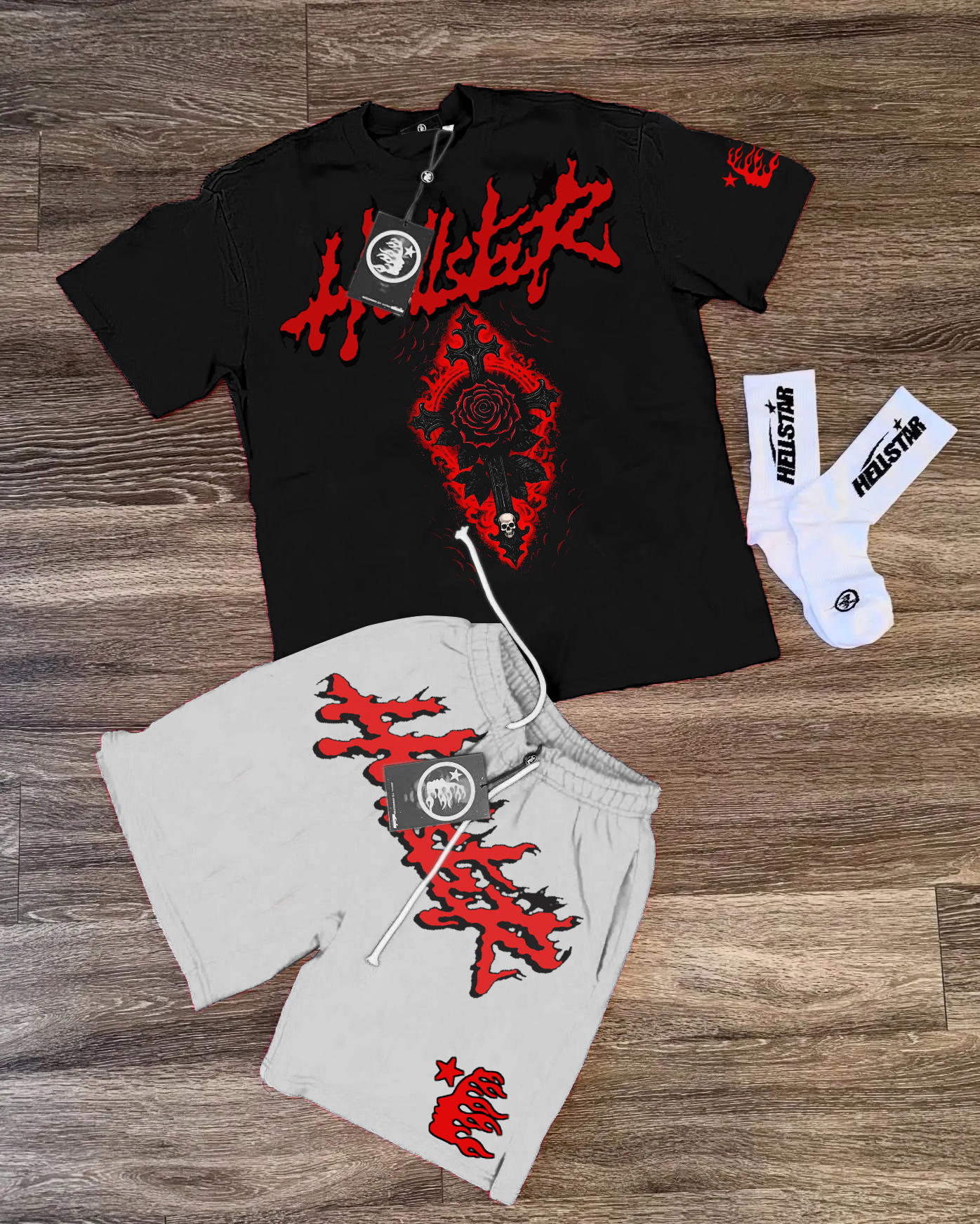 Hellstar Glitter Skull T-Shirt And Shorts Co-Ord