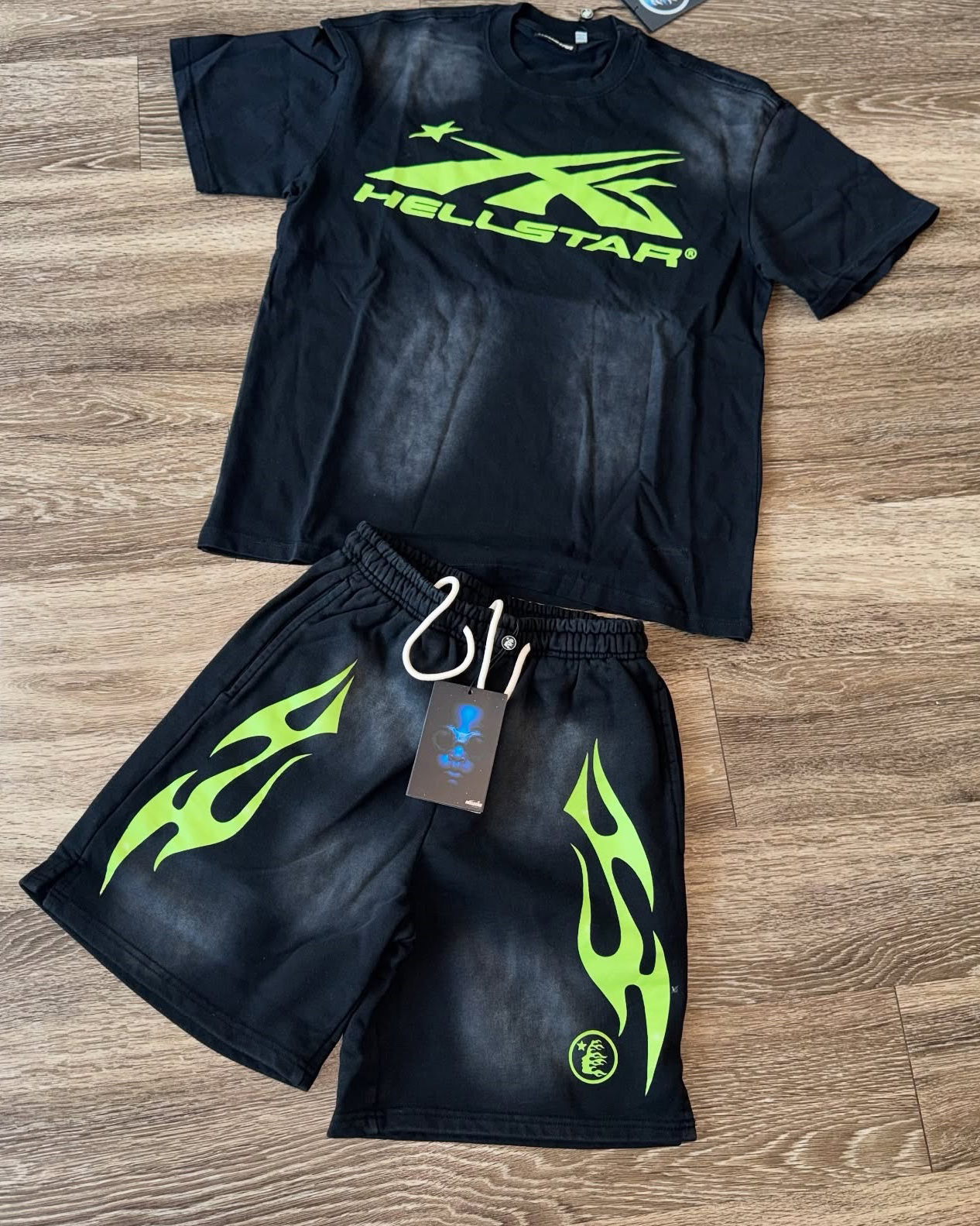 Hellstar Green Alphabet Stripes T-Shirt And Shorts Co-Ord