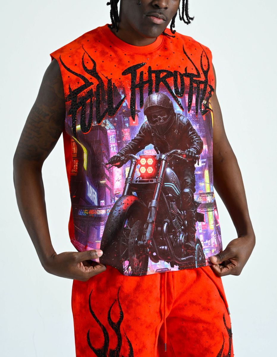 TAKER MEN'S "FULL THROTTLE" RAW EDGE SLEEVELESS T-SHIRT RED