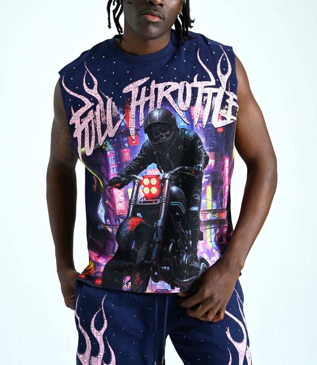 TAKER MEN'S "FULL THROTTLE" RAW EDGE SLEEVELESS T-SHIRT NAVY