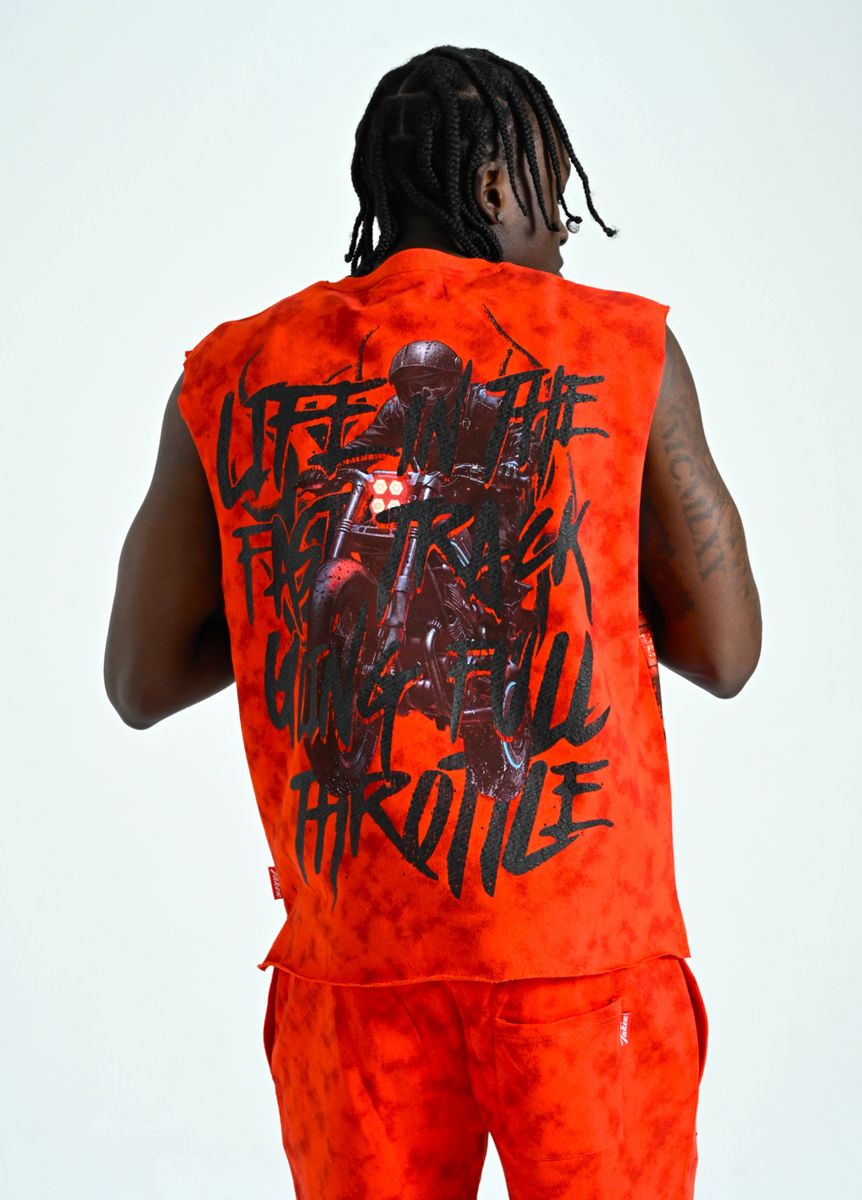 TAKER MEN'S "FULL THROTTLE" RAW EDGE SLEEVELESS T-SHIRT RED