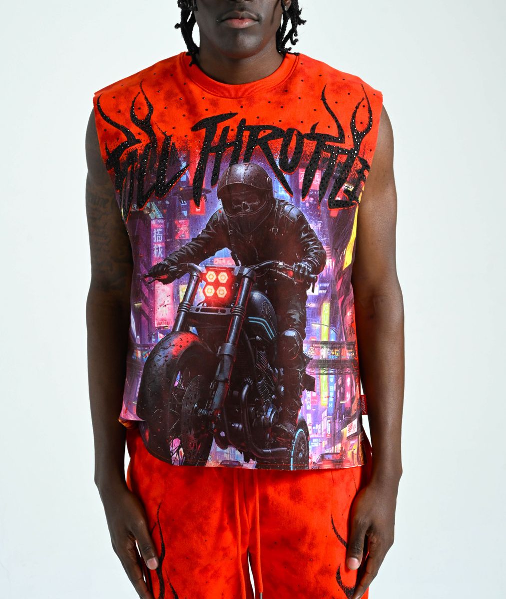 TAKER MEN'S "FULL THROTTLE" RAW EDGE SLEEVELESS T-SHIRT RED