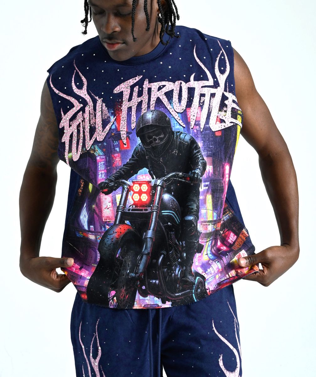TAKER MEN'S "FULL THROTTLE" RAW EDGE SLEEVELESS T-SHIRT NAVY