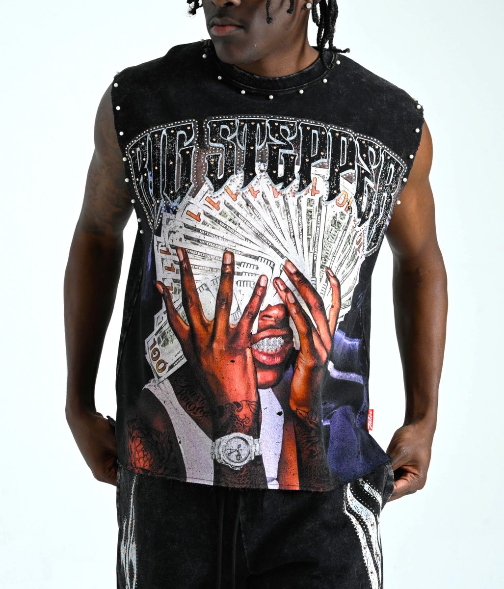 TAKER MEN'S BIG STEPPER RAW EDGE SLEEVELESS T-SHIRT BLACK