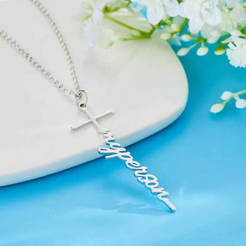 Custom Name Necklace Cross Squiggly Lettering Birthday Gift For Her