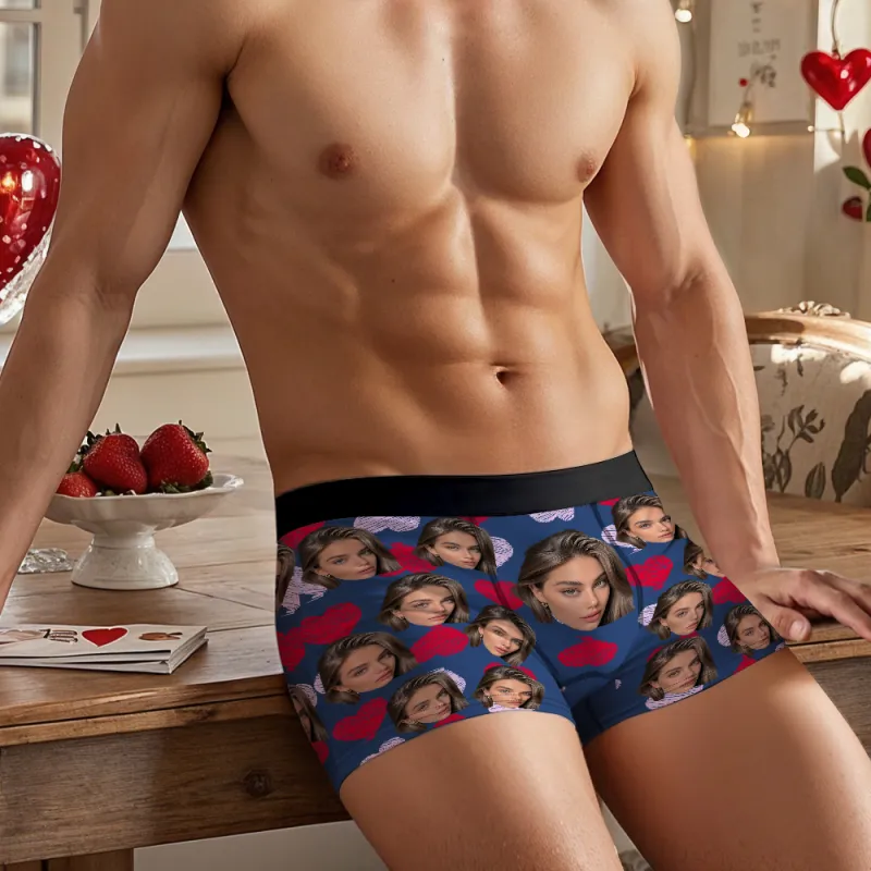 Personalized Face Boxer with Red and Pink Hearts without Custom Belt Text Men Underwear Personalized Photo Funny Valentines Gift