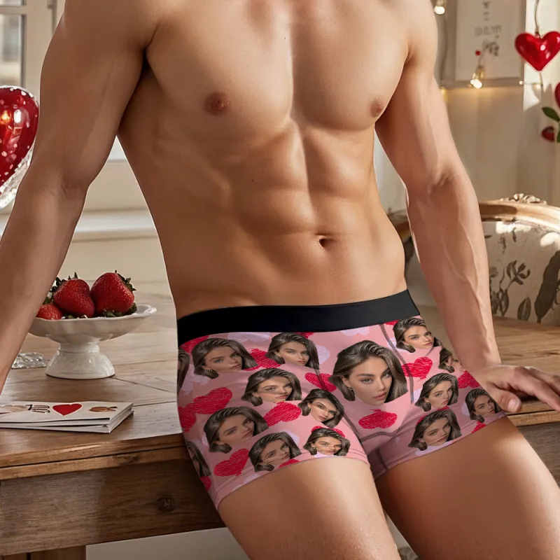 Personalized Face Boxer with Red and Pink Hearts without Custom Belt Text Men Underwear Personalized Photo Funny Valentines Gift