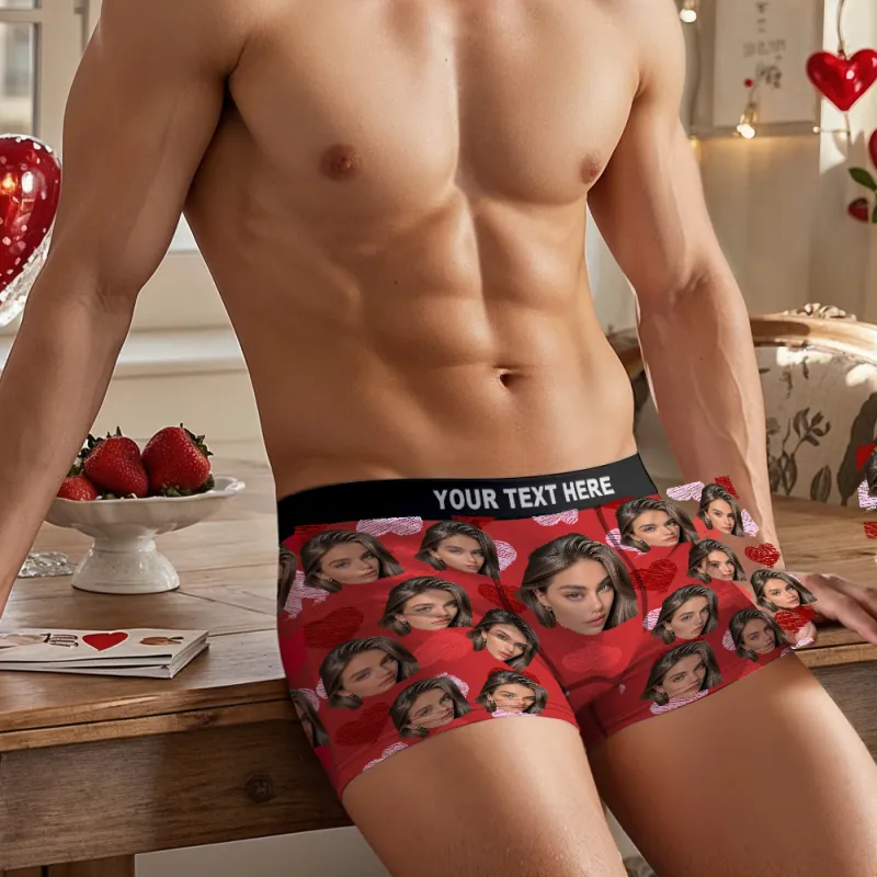 Personalized Face Boxer with Red and Pink Hearts Custom Text Men Underwear Christmas Gift Personalized Photo Funny Valentines Gift