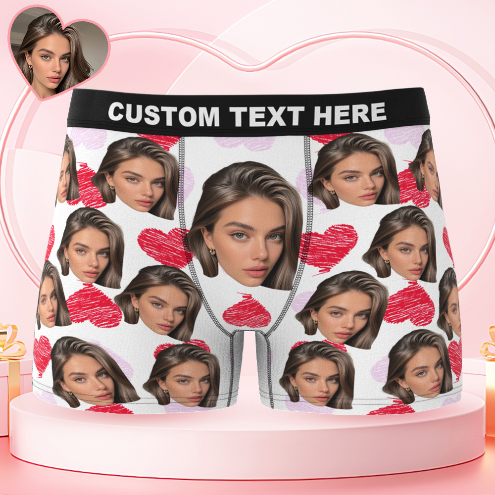 Personalized Face Boxer with Red and Pink Hearts Custom Text Men Underwear Christmas Gift Personalized Photo Funny Valentines Gift