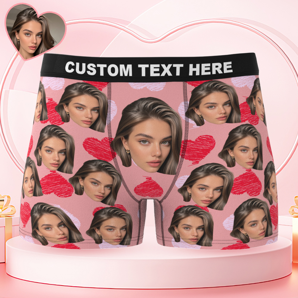 Personalized Face Boxer with Red and Pink Hearts Custom Text Men Underwear Christmas Gift Personalized Photo Funny Valentines Gift