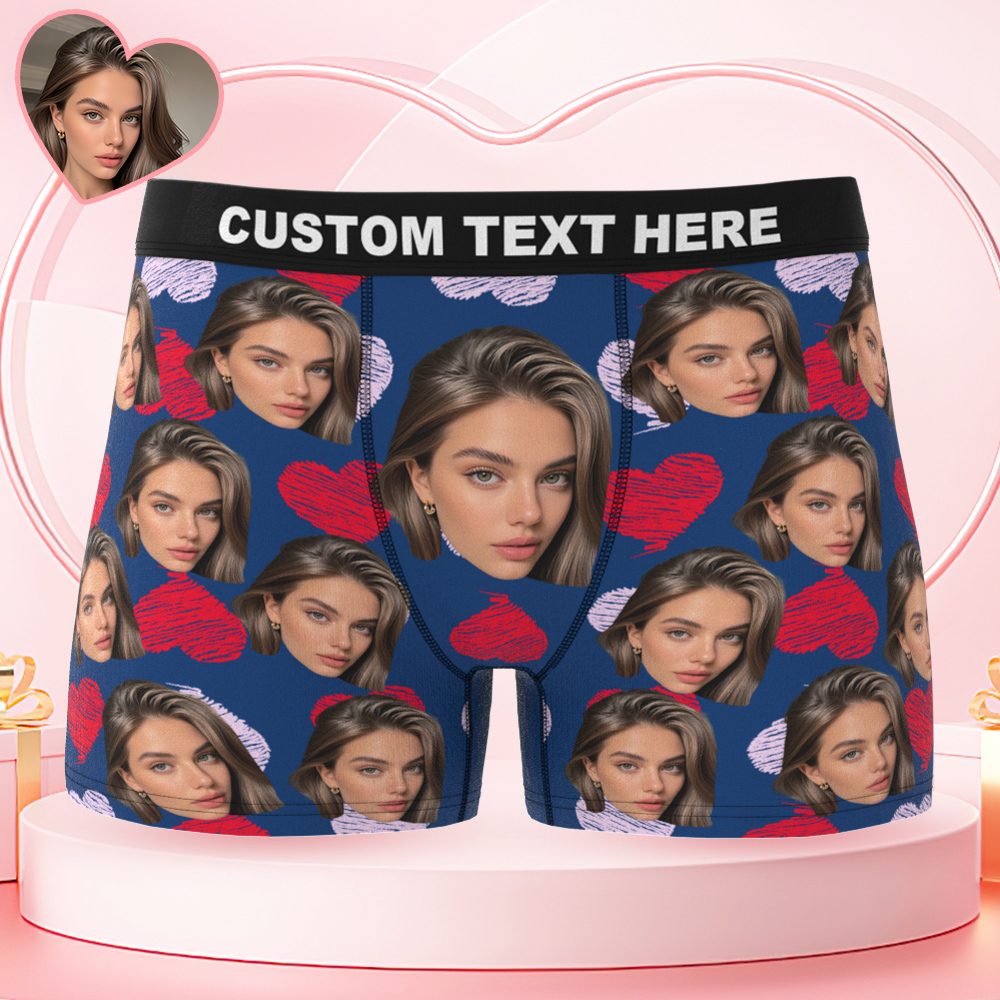 Personalized Face Boxer with Red and Pink Hearts Custom Text Men Underwear Christmas Gift Personalized Photo Funny Valentines Gift