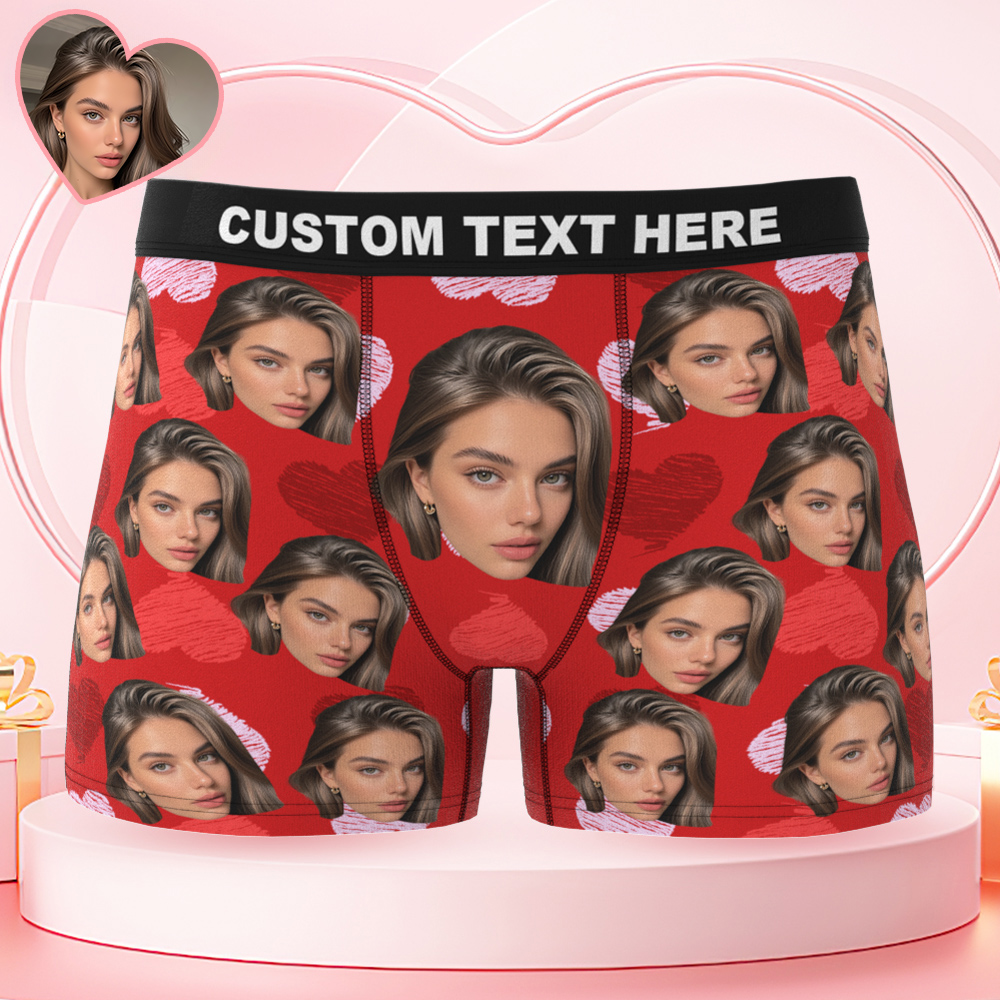Personalized Face Boxer with Red and Pink Hearts Custom Text Men Underwear Christmas Gift Personalized Photo Funny Valentines Gift