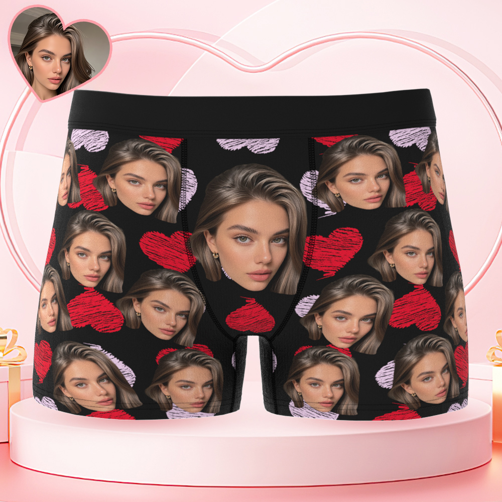 Personalized Face Boxer with Red and Pink Hearts without Custom Belt Text Men Underwear Personalized Photo Funny Valentines Gift