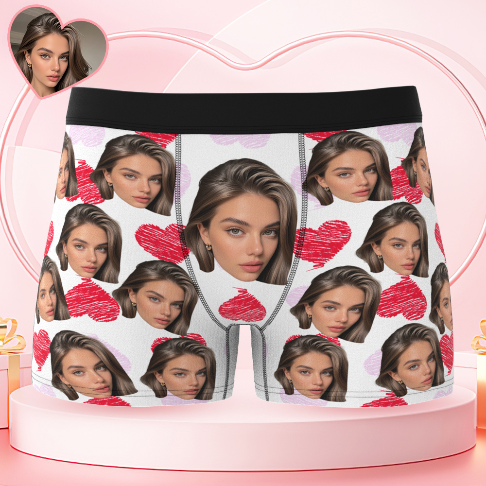 Personalized Face Boxer with Red and Pink Hearts without Custom Belt Text Men Underwear Personalized Photo Funny Valentines Gift