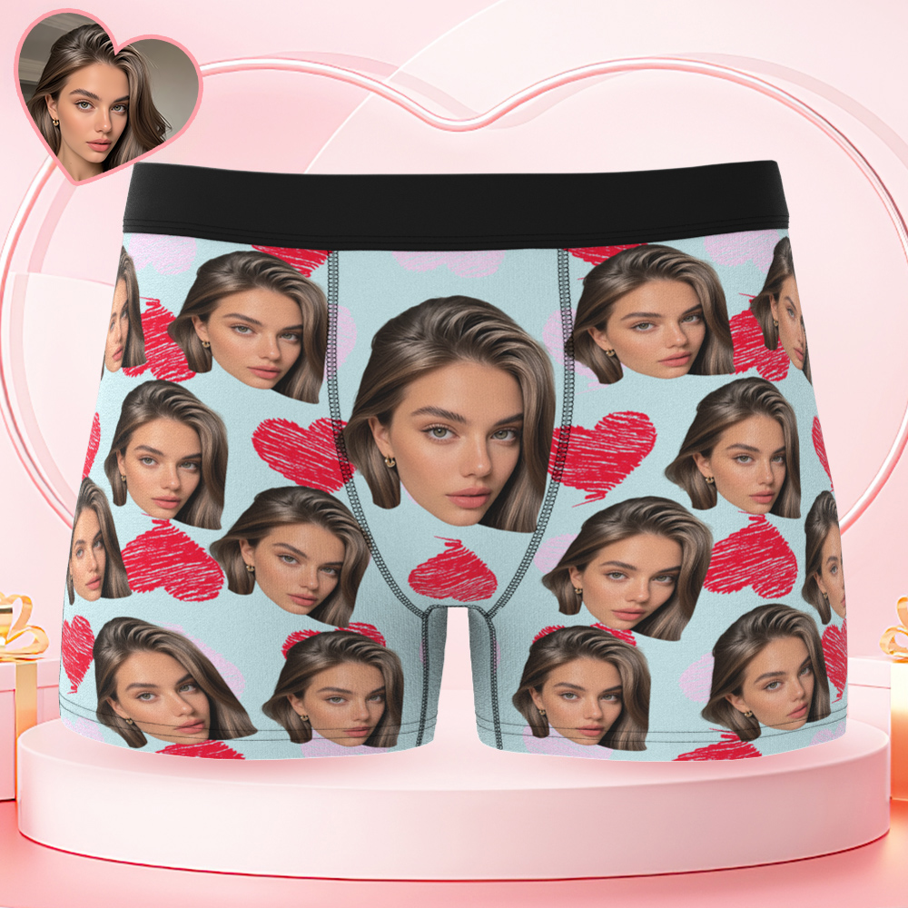 Personalized Face Boxer with Red and Pink Hearts without Custom Belt Text Men Underwear Personalized Photo Funny Valentines Gift