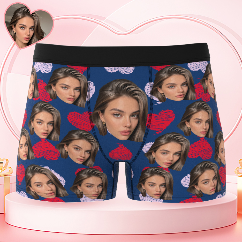 Personalized Face Boxer with Red and Pink Hearts without Custom Belt Text Men Underwear Personalized Photo Funny Valentines Gift