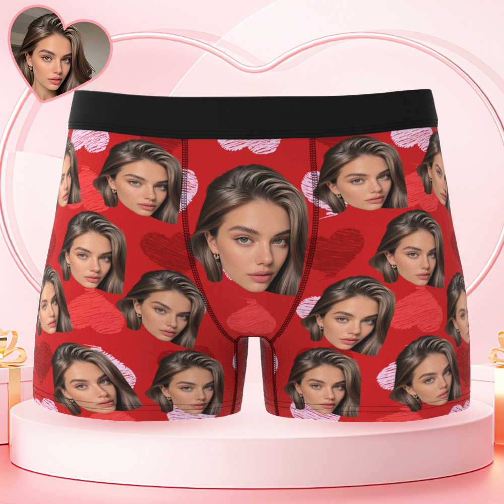 Personalized Face Boxer with Red and Pink Hearts without Custom Belt Text Men Underwear Personalized Photo Funny Valentines Gift