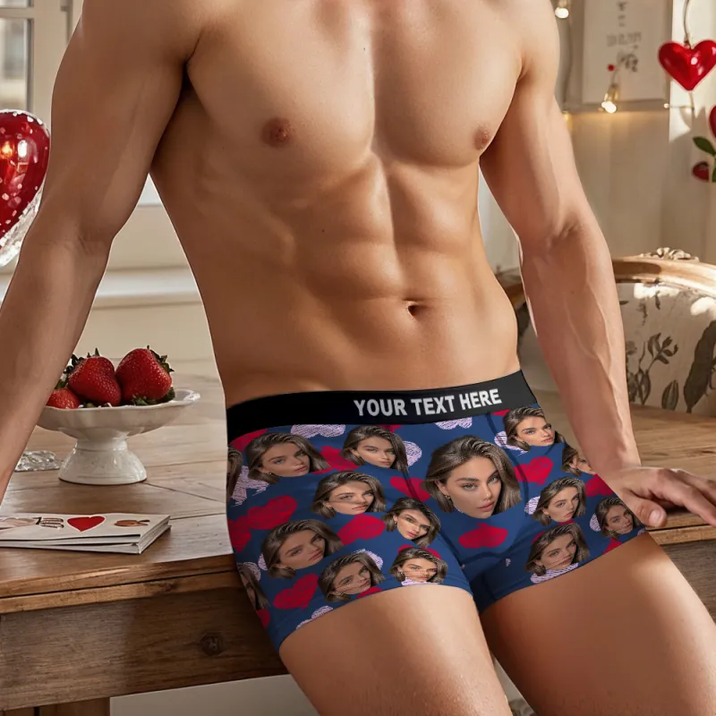 Personalized Face Boxer with Red and Pink Hearts Custom Text Men Underwear Christmas Gift Personalized Photo Funny Valentines Gift