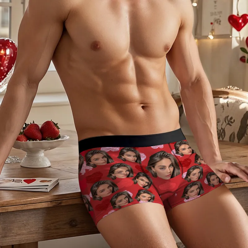 Personalized Face Boxer with Red and Pink Hearts without Custom Belt Text Men Underwear Personalized Photo Funny Valentines Gift