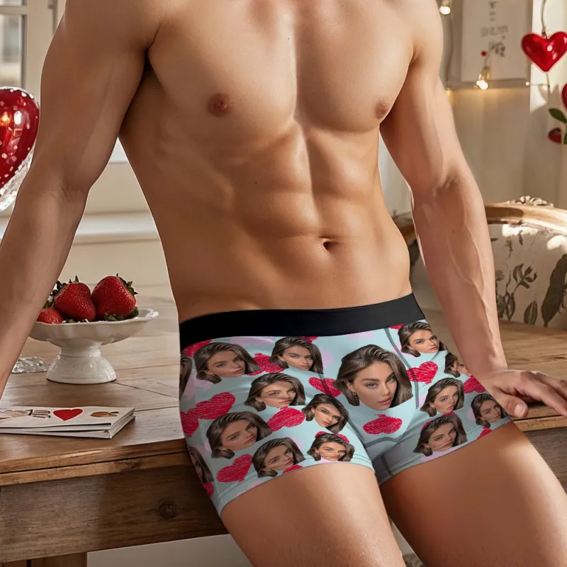 Personalized Face Boxer with Red and Pink Hearts without Custom Belt Text Men Underwear Personalized Photo Funny Valentines Gift