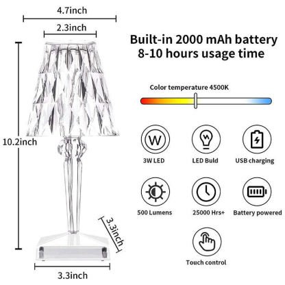 Crystal Table Lamp Touch Control Crystal Rose Lamp, [2000mAh]Rechargeable LED Diamond Table Lamps with 3 Color Changing Light, [Non-Yellowing]Acrylic Cordless Table Lamp Small Lamp for Room Bedroom