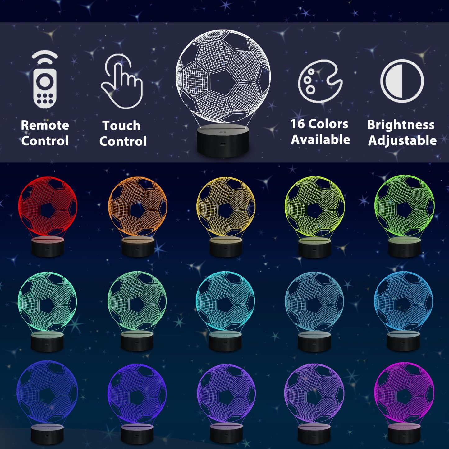 Kids Night Light Soccer 3D Optical Illusion Lamp with Remote Control 16 Colors Changing Football Birthday Xmas Valentine Gift Idea for Sport Fan Boys Girls