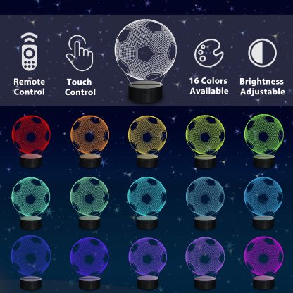 Kids Night Light Soccer 3D Optical Illusion Lamp with Remote Control 16 Colors Changing Football Birthday Xmas Valentine Gift Idea for Sport Fan Boys Girls