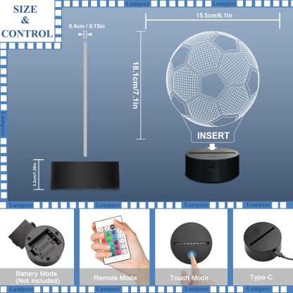 Kids Night Light Soccer 3D Optical Illusion Lamp with Remote Control 16 Colors Changing Football Birthday Xmas Valentine Gift Idea for Sport Fan Boys Girls