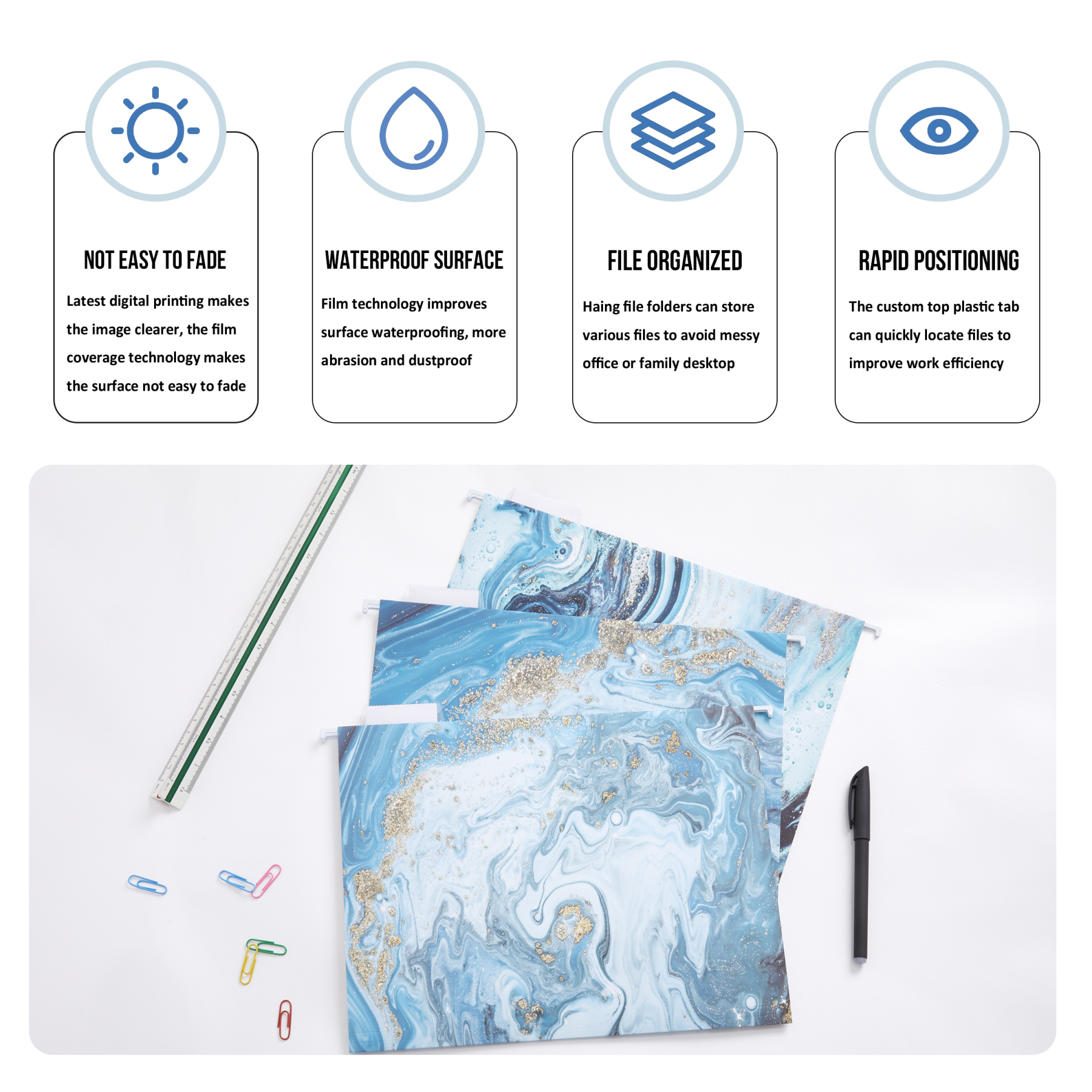 Y YOMA 6 Pack Decorative Hanging File Folders Letter Size Marble Cute Hanging Folder Pretty File Folder Organizer for Filing Cabinet Office Home with 1/5-Cut Adjustable Tabs, 3 Blue Marble Design