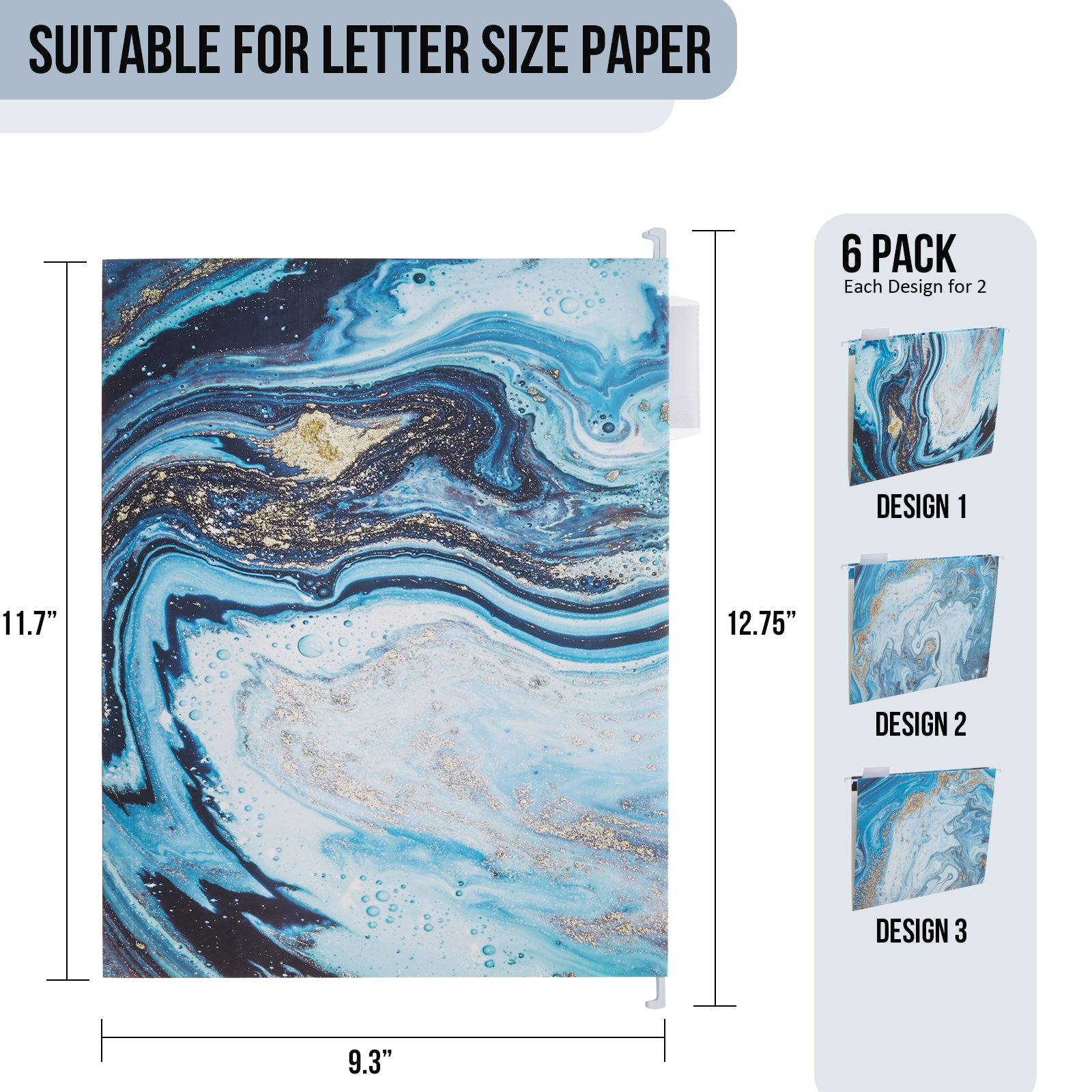 Y YOMA 6 Pack Decorative Hanging File Folders Letter Size Marble Cute Hanging Folder Pretty File Folder Organizer for Filing Cabinet Office Home with 1/5-Cut Adjustable Tabs, 3 Blue Marble Design