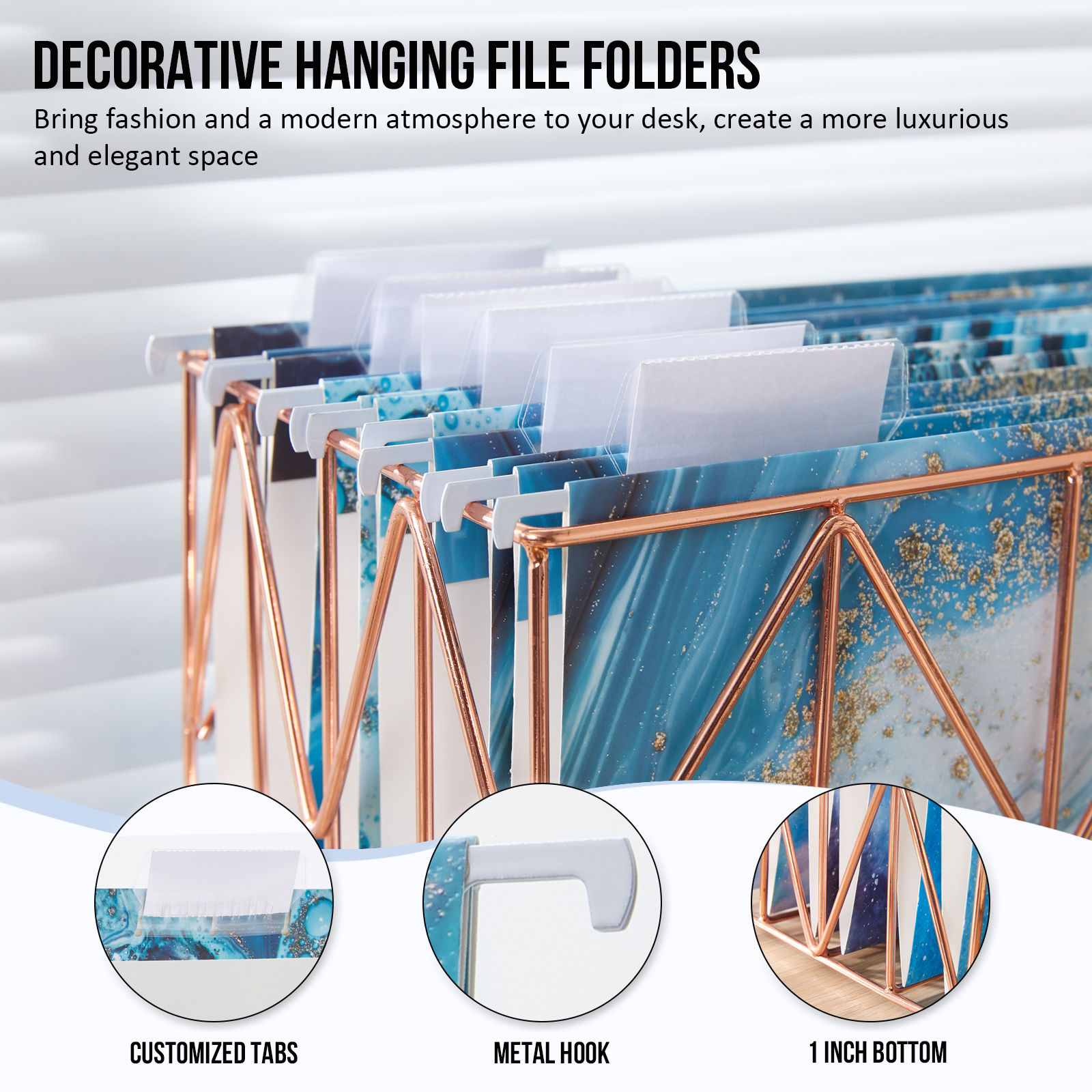 Y YOMA 6 Pack Decorative Hanging File Folders Letter Size Marble Cute Hanging Folder Pretty File Folder Organizer for Filing Cabinet Office Home with 1/5-Cut Adjustable Tabs, 3 Blue Marble Design